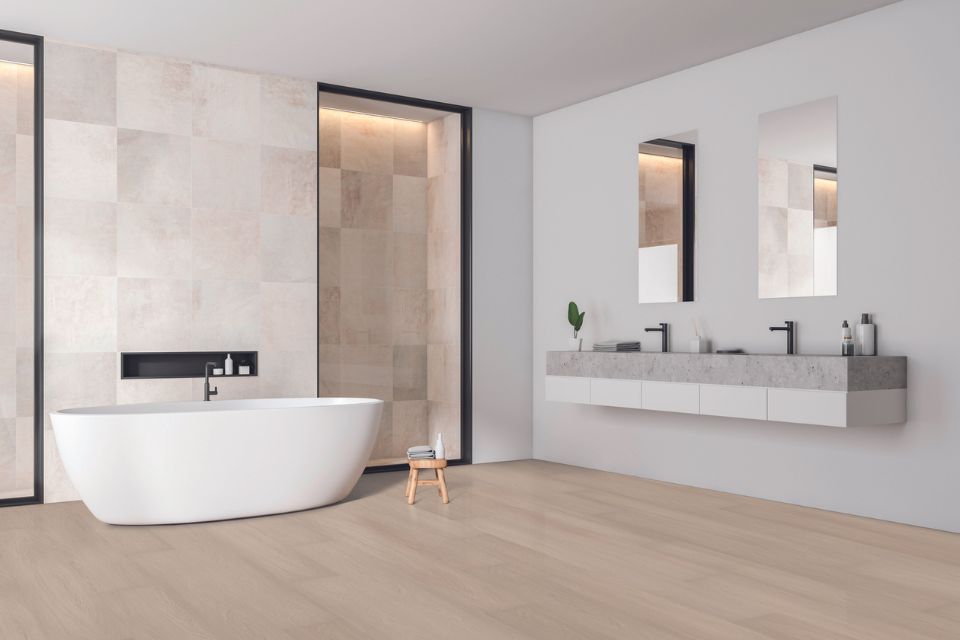 white oak look luxury vinyl plank in modern minimal bathroom
